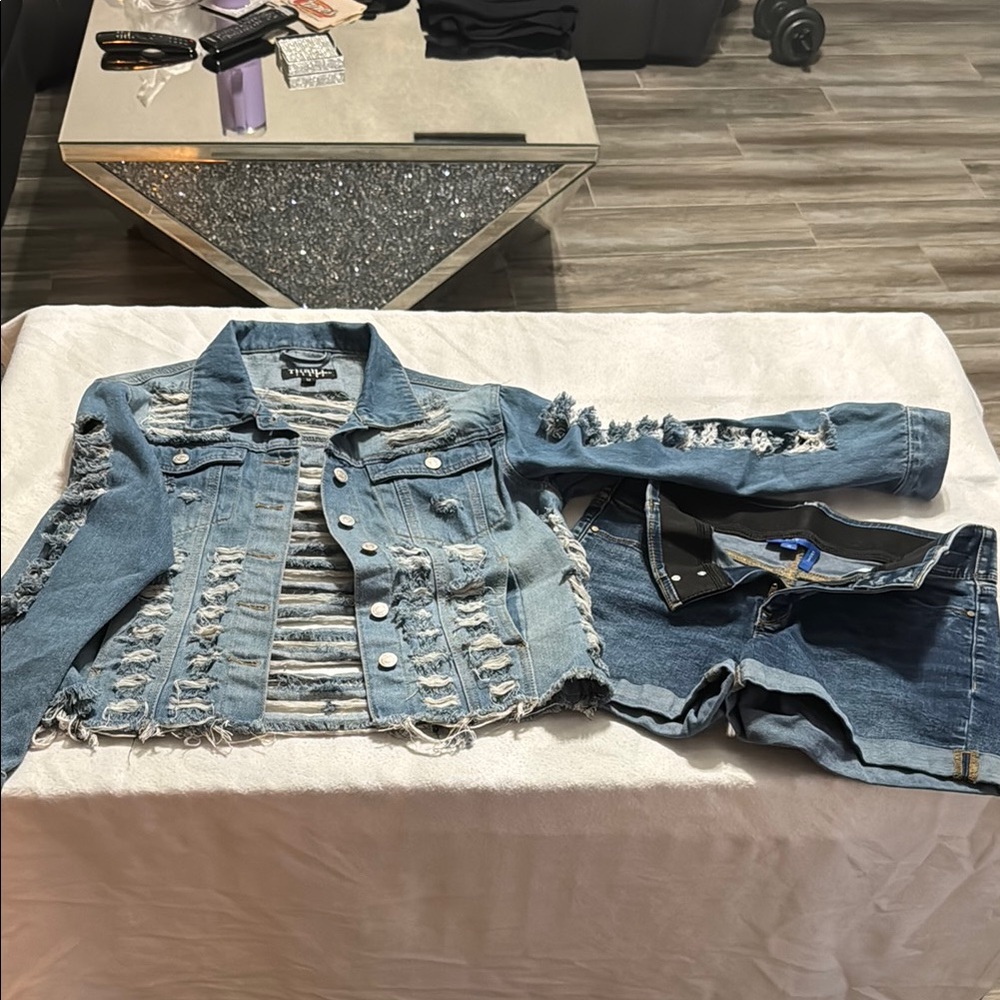 Distressed Denim Jacket and Shorts Set